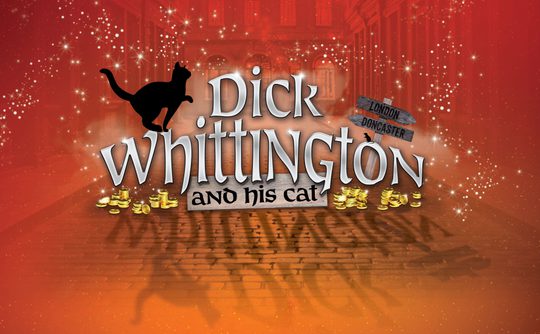Title "Dick Whittington and His Cat" is in large letters on a red, sparkly background with a black cat silhouette and piles of gold coins below.