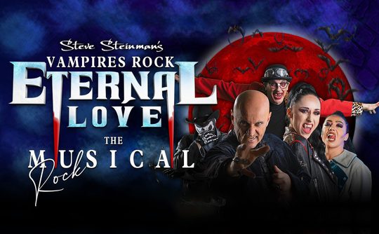 Promotional image for "Vampires Rock: Eternal Love The Musical" with dramatic characters against a dark, spooky backdrop. Red moon and bats enhance the eerie mood.