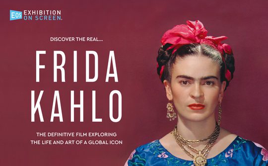 Poster for a Frida Kahlo documentary. Frida, wearing a colorful dress and headpiece, looks serious against a maroon backdrop. Text promotes the film.