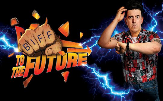 Man in a colorful shirt mimics a thinking pose beside a comic-style logo reading "Biff to the Future" with lightning bolts in the background, conveying a retro, dynamic feel.