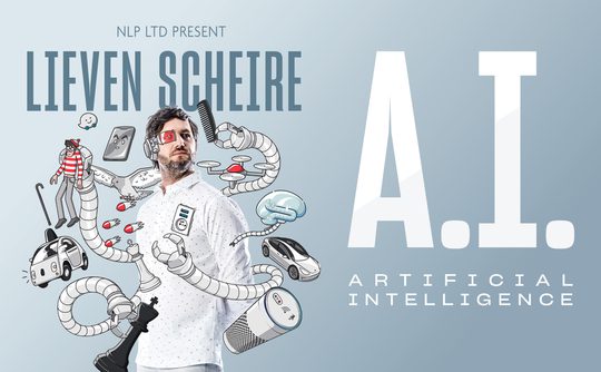Man with robotic elements surrounded by technology symbols, such as drones and autonomous cars, against a blue background. Text: "Lieven Scheire A.I. Artificial Intelligence."