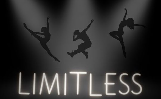 Silhouettes of three dancers in dynamic poses are spotlighted above a glowing "LIMITLESS" text, conveying energy and freedom.