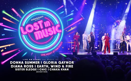 Neon sign reading "Lost in Music" glows over a lively stage with singers in vibrant outfits. Disco lights and audience; excitement and energy fill the scene.