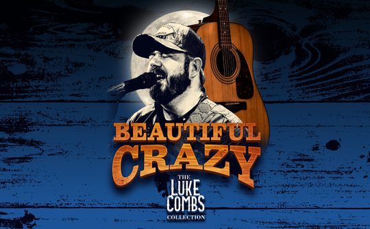 Singer with a beard and cap sings into a microphone against a moonlit background. An acoustic guitar is prominent. Text reads "Beautiful Crazy." The mood is passionate.