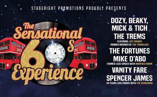 The Sensational 60s Experience poster showcases a sparkling design with a vinyl record, two red buses featuring Union Jacks, and starry blue background. Band names in bold white letters, promising a nostalgic music event. Keywords: 60s, vinyl record, red buses, stars."