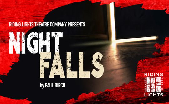 Red and black poster for "Night Falls" by Paul Birch, with bold, distressed text. A dimly lit door ajar suggests mystery and intrigue.