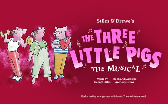 Three whimsical pig characters stand joyfully against a red background on a poster for "The Three Little Pigs: The Musical," with playful musical notes around the colorful title text.