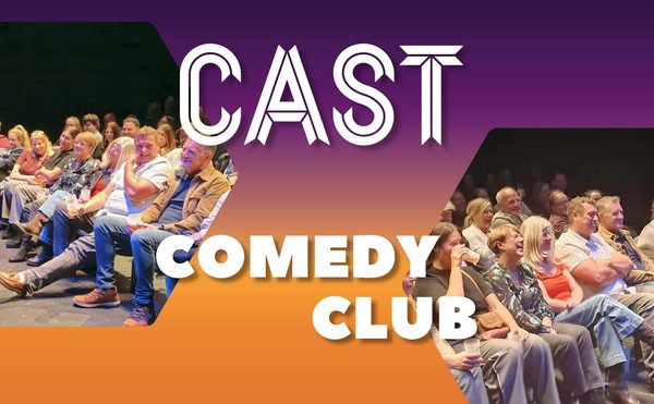 Audience enjoying a comedy show at Cast Comedy Club. People are seated in two rows, smiling and laughing. The background blends purple and orange hues.