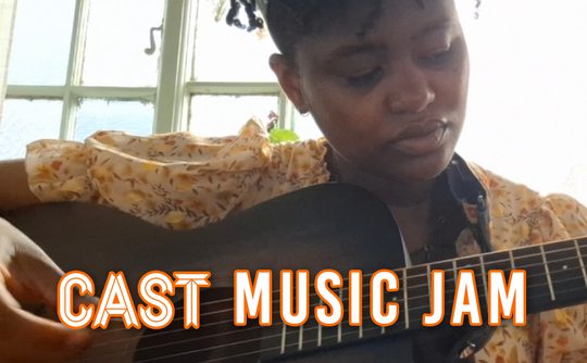 A woman in a yellow top plays an acoustic guitar. Over the image are the words: "CAST MUSIC JAM"