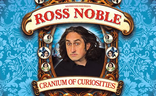 Colorful comedy poster featuring a central portrait of a man with long hair surrounded by ornate frames and small images. The background has a blue floral pattern with bold red text that reads 'Ross Noble: Cranium of Curiosities,' conveying a whimsical and intriguing tone.