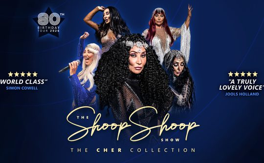 Starry blue poster for "The Shoop Shoop Show," celebrating a singer's 80th birthday tour. Features glamorous performers, quotes, and stars for reviews.