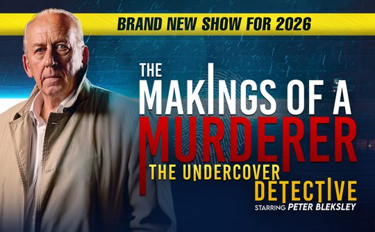 Senior man in a beige coat stands against a blue-lit brick wall. Text reads: “The Makings of a Murderer: The Undercover Detective” and “Brand New Show for 2026.”
