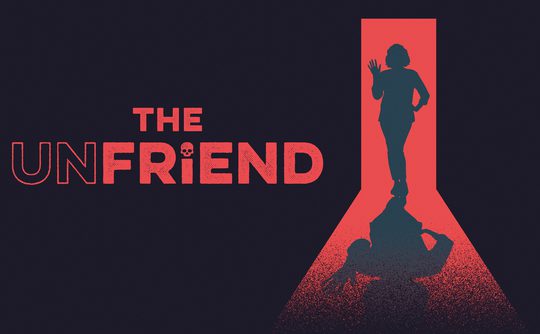 Silhouette of a person waving in a red doorway, casting a shadow. The text "The Unfriend" appears, with a skull in the letter "R". Eerie and mysterious tone.