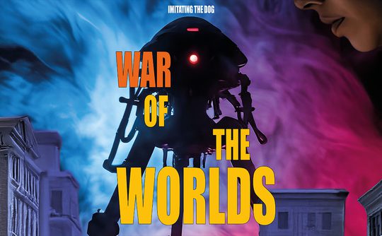 "War of the Worlds theatrical poster. On the right, a dark cityscape with a towering alien tripod emits pink and blue light. Two people flee below."