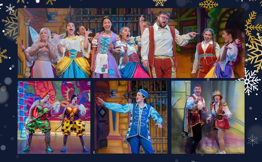 A vibrant stage performance features actors in colorful, fairy-tale costumes against a festive backdrop. The scene conveys joy and excitement with its festive decorations and playful interactions among the characters. The image shows the pantomine cast who are doing a caberet evening to raise funds for Cast.