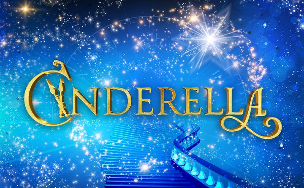 Blue background with sparkling stars and golden "Cinderella" text. A magical staircase spirals upwards, evoking enchantment and wonder.