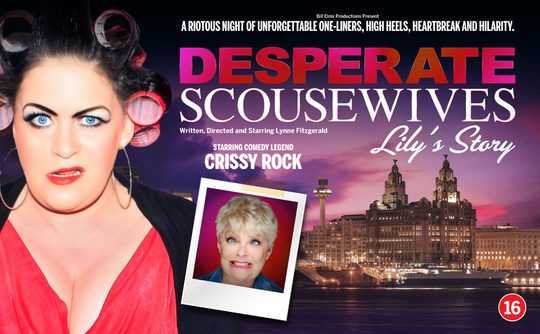A surprised woman in curlers and a red robe is on the left. The right shows a cityscape at sunset with the title "Desperate Scousewives: Lily's Story."