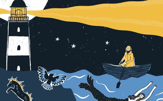 A whimsical night scene with a lighthouse casting a golden beam, a lone person in a boat, bright stars, and mythical creatures like a mermaid and seahorse.