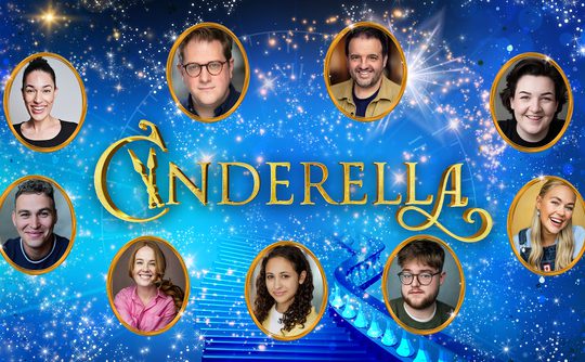 Cinderella cast announcement image. Eight smiling individuals in gold oval frames against a blue, starry background with 'Cinderella' in elegant gold letters in the centre. A hint of a blue staircase adds a magical tone.