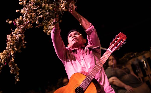 A man in a pink shirt reaches up to hang dried flowers, with an acoustic guitar slung over his shoulder. The dimly lit scene conveys a focused and artistic vibe.